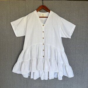 Country Textile White 100% Linen Short Boxy Sleeve Tiered Dress Size S-M-L-XL